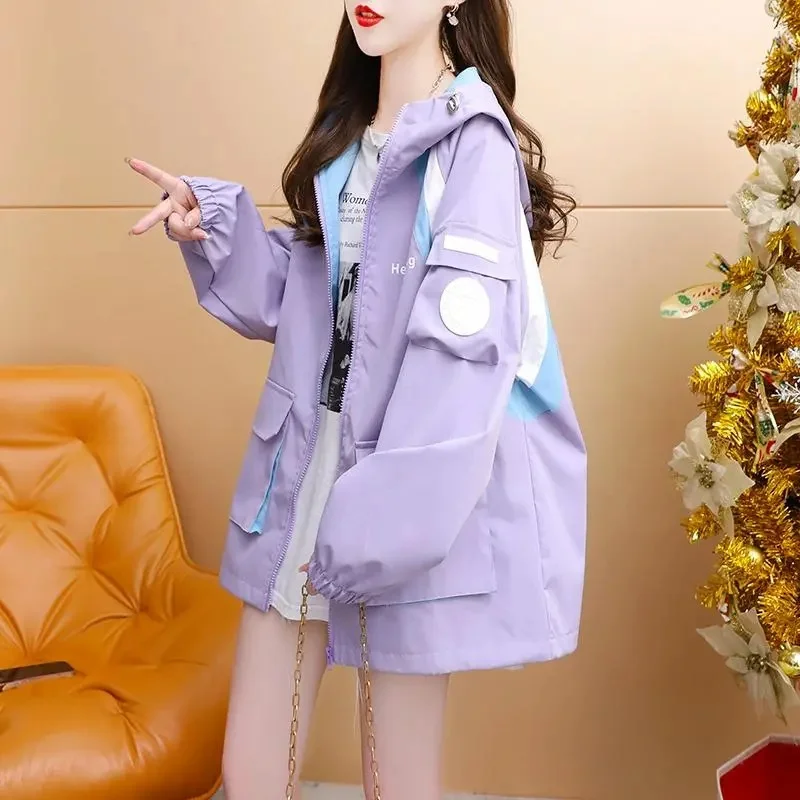 

Женская куртка Lazy Wind с капюшоном, осенняя, с длинными рукавами, в стиле колор-блок, свободного кроя, в корейском стиле, для работы, верхняя одежда, 2026