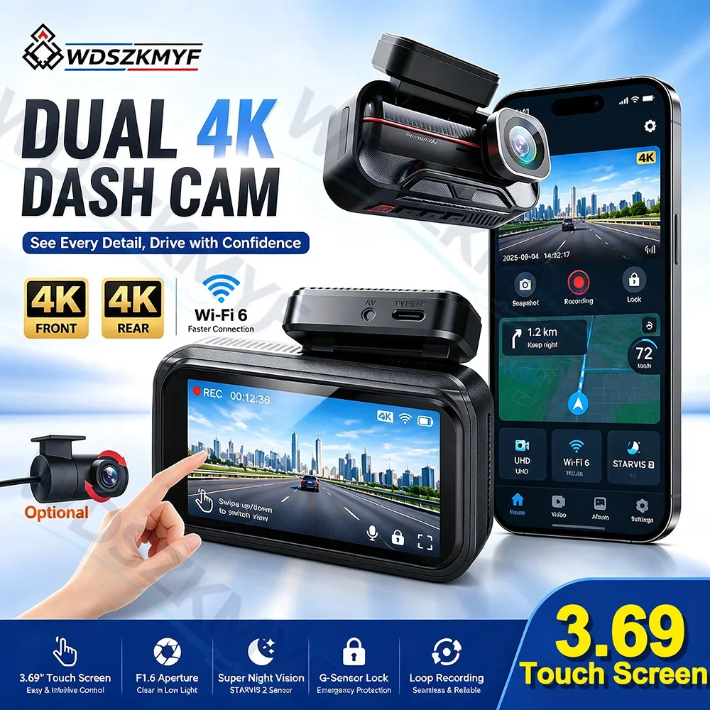 4K+4K Car DVR 3.69 Inch Touch Screen Dash Cam Dual Lens Front and Rear cam Wide Angle 24H Parking Monitoring Car Blackbox
