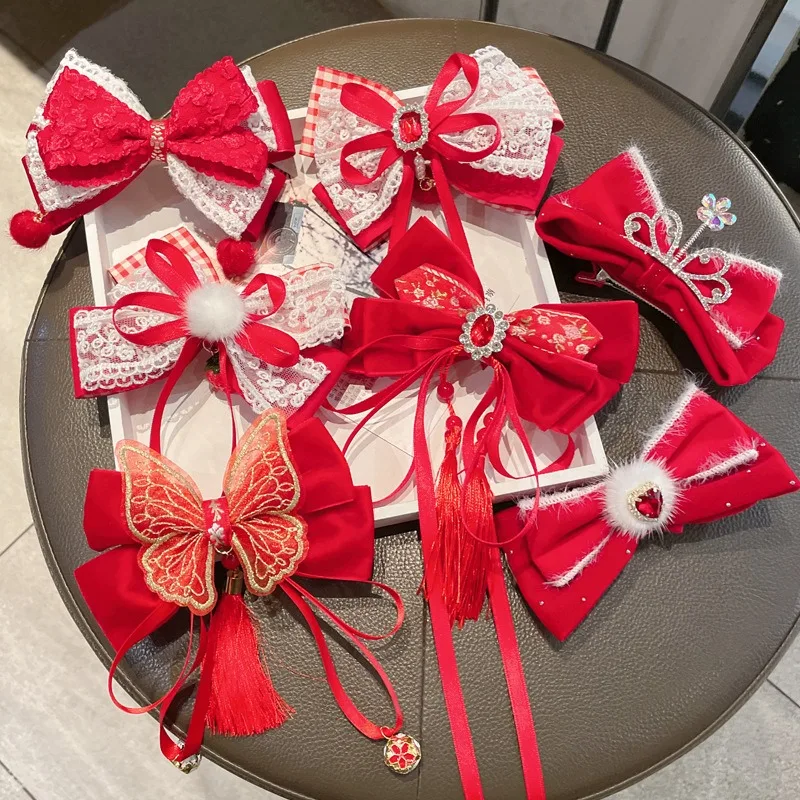 

Hairpins Red Girls Baby Bowknot Cute Hair Clips Hair Accessories Princess Lace Bows Streamer Headdress Headwear Ornaments