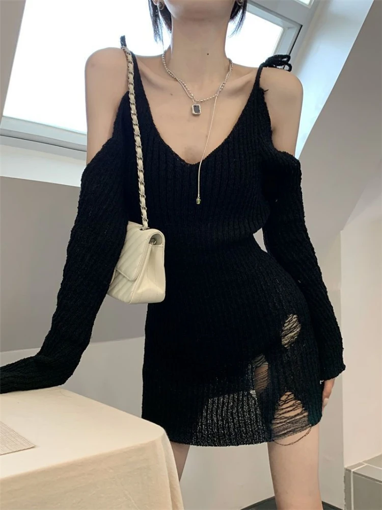 Women's Knit Cami Dress Summer Sun Protection V Neck Slim Fit Black Hollow Out Long Sleeve Y2K Mini Dress Lightweight