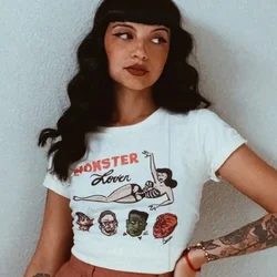 Camiseta de algodón con estampado de monstruo para mujer, ropa gótica de infierno oscuro, camiseta de Halloween con esqueleto de calavera Y2k, Top para mujer