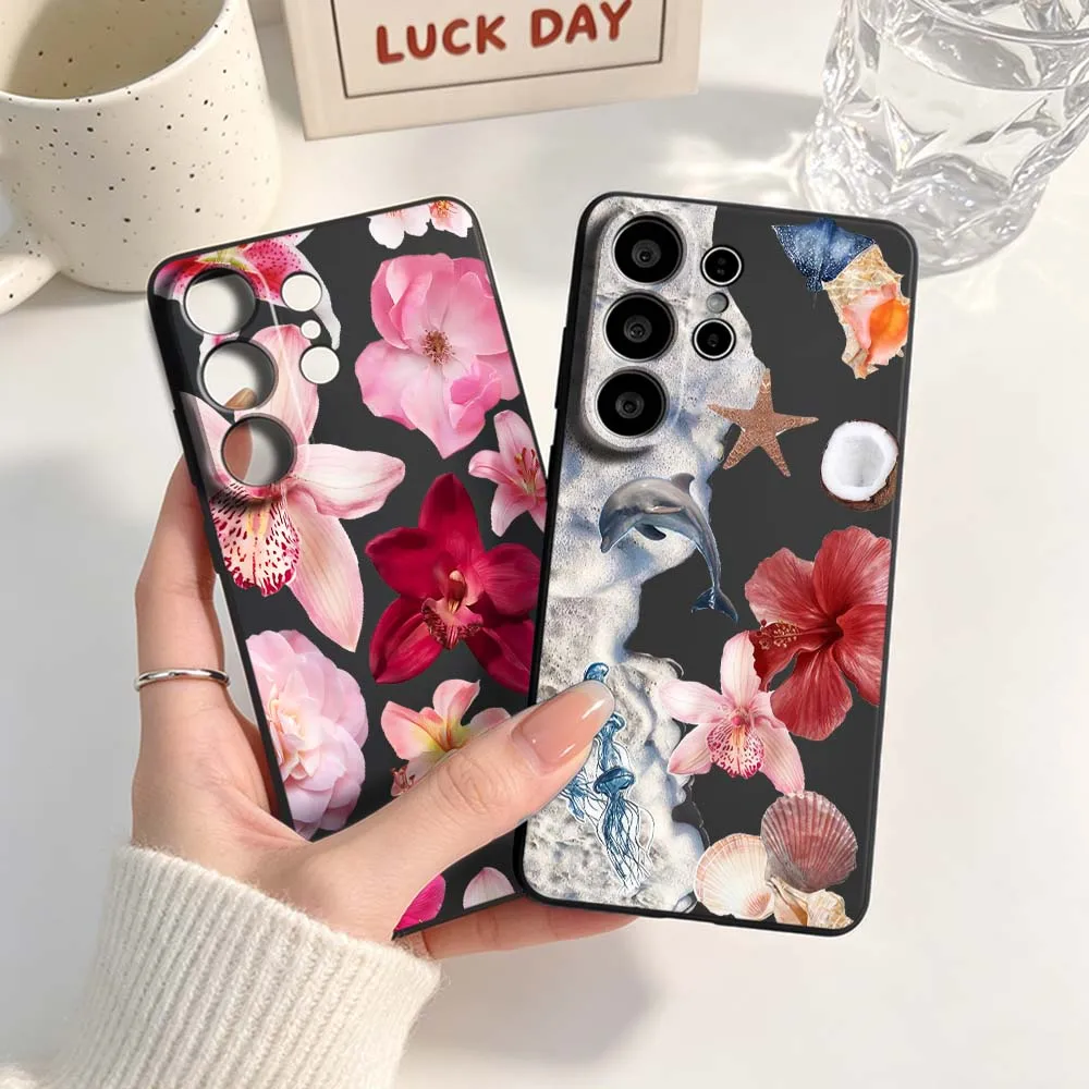 Flower Marine Animals Phone Case For Samsung Galaxy S26 S25 S24 S23 S22 S21 S20 Pro Edge Ultra Plus FE 5G Black Cover