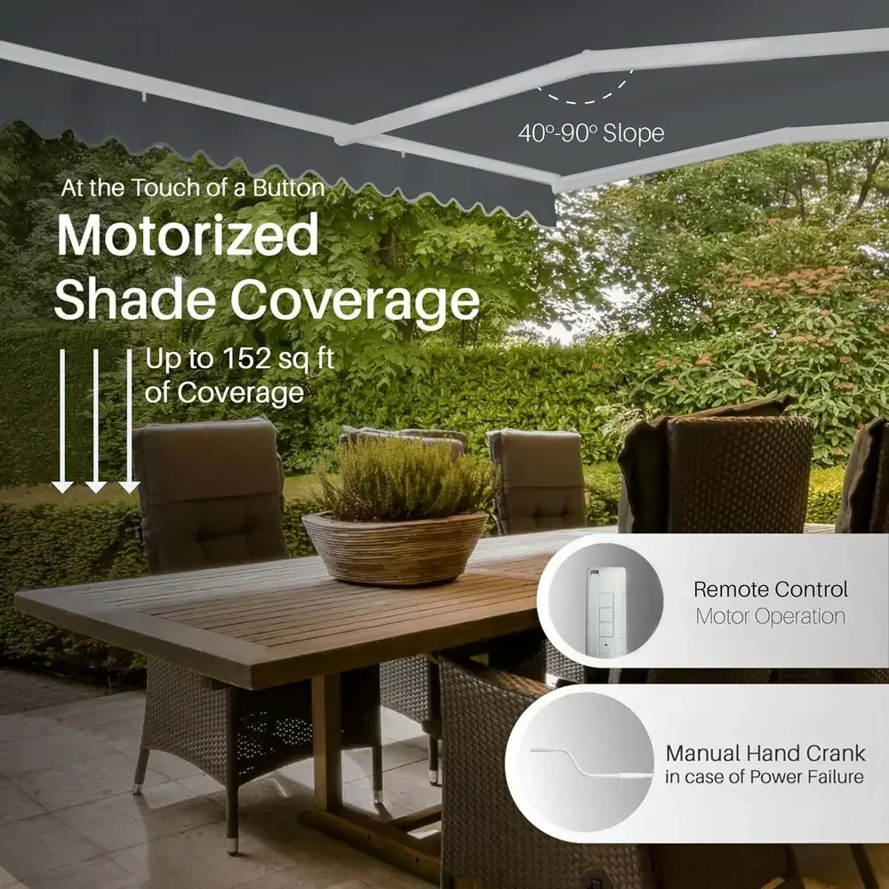10' x 16' Retractable Outdoor Awning, Caribbean Style, UV-Resistant Gray Fabric Sun Shade