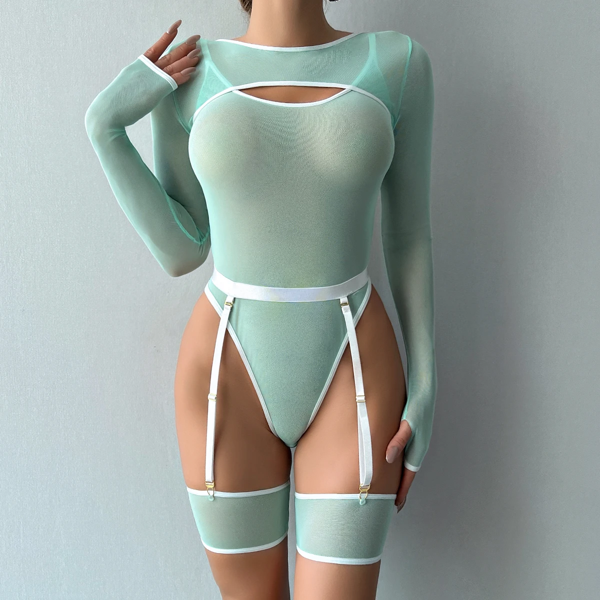 

Mesh Party Bodysuit Long Sleeve Crop Top Set 3 Piece Rave Lingerie Transparent Harness Teddy Body Chain Festival Outfit Black