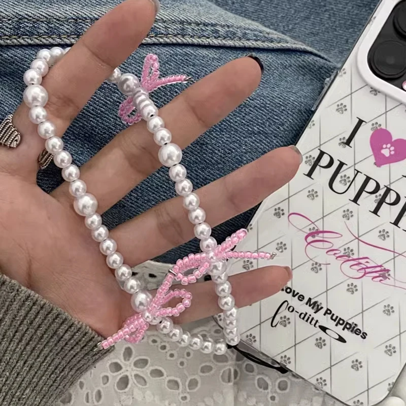 Korea Cute Pink Bowknot Pearl Pendant Beaded Phone Charm For iPhone Accessrioes Lanyard Woman Girl Jewelry Hanging Rope Strap