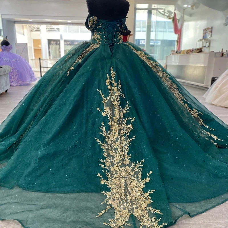 Emerald Green Sweetheart Ball Gown Quinceanera Dresses Gold Applique Lace Beads Sweet 16 Dress Pageant Gowns Vestidos De 15 Anos