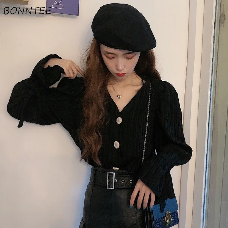 

Shirts Women Vintage Sweet All-match Casual Tender Minimalist Daily Hotsweet Flare Sleeve Girlish Autumn V-neck Sun-proof Cozy
