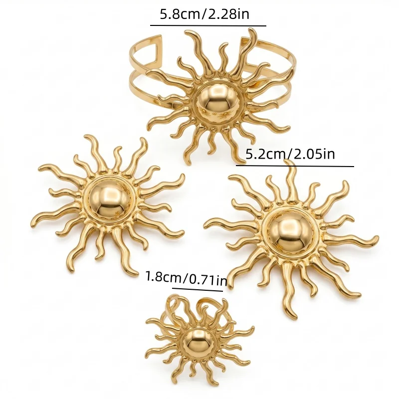 3 PCS Vintage Wavy Sun Ray Statement Jewelry Set Retro Gold Sunburst Earring Bracelet Ring Bohemian Trendy Accessory For Women view 5