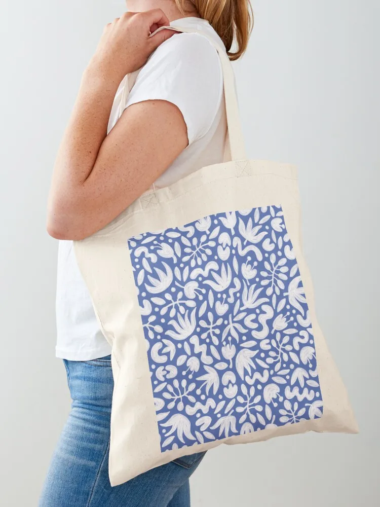 

White Florals on Waterline Blue Hand Painted Pattern No.2 Tote Bag cloth bag woman tote bags aesthetic Canvas
