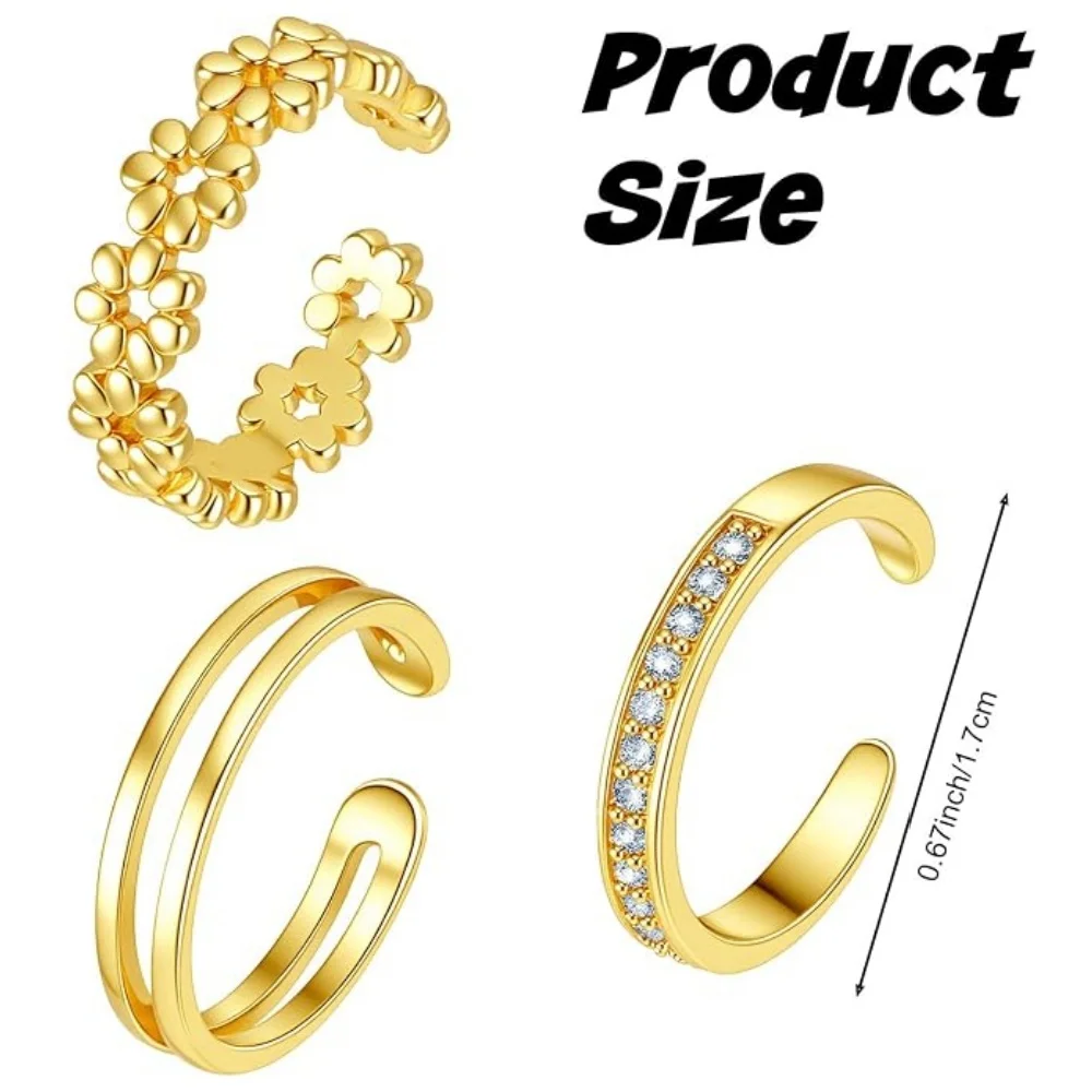 3Pcs Gold Open Adjustable Ring Set for Women Double Band Floral Stackable Finger Rings Inlaid CZ Dainty Minimalist Daily Jewelry view 3