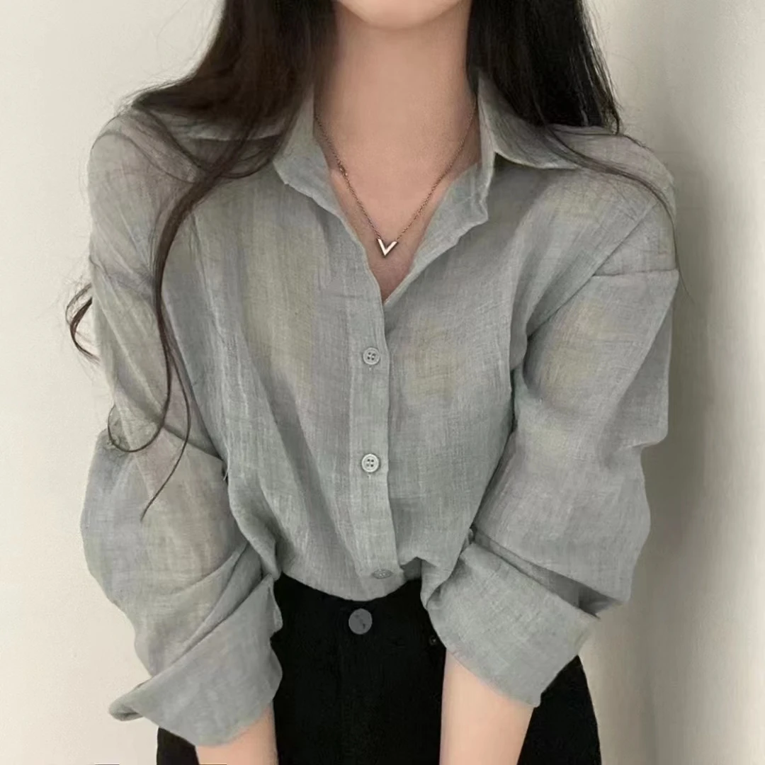 Chic Vintage Spring Long Sleeve Shirt Single Button Notch Collar Pleated Loose Short Style Sun Protection Women's Fashion