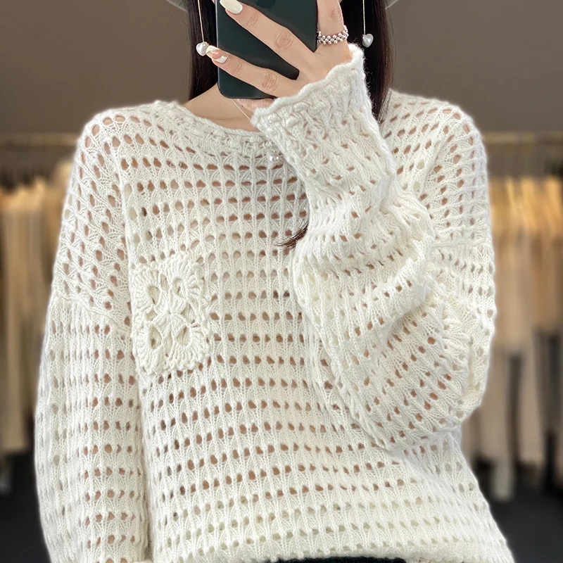

2023 New Women's Sweater 100% Pure Wool Knitted Pullover Long Sleeve Loose fitting Fashion Korean Edition Women's Top