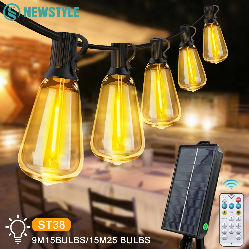 ST38 Luci della stringa Solare Esterna 15M 25Bulls Impermeabile Dimmerabile Ricarica solare Patio Lampada a stringa LED per la decorazione della