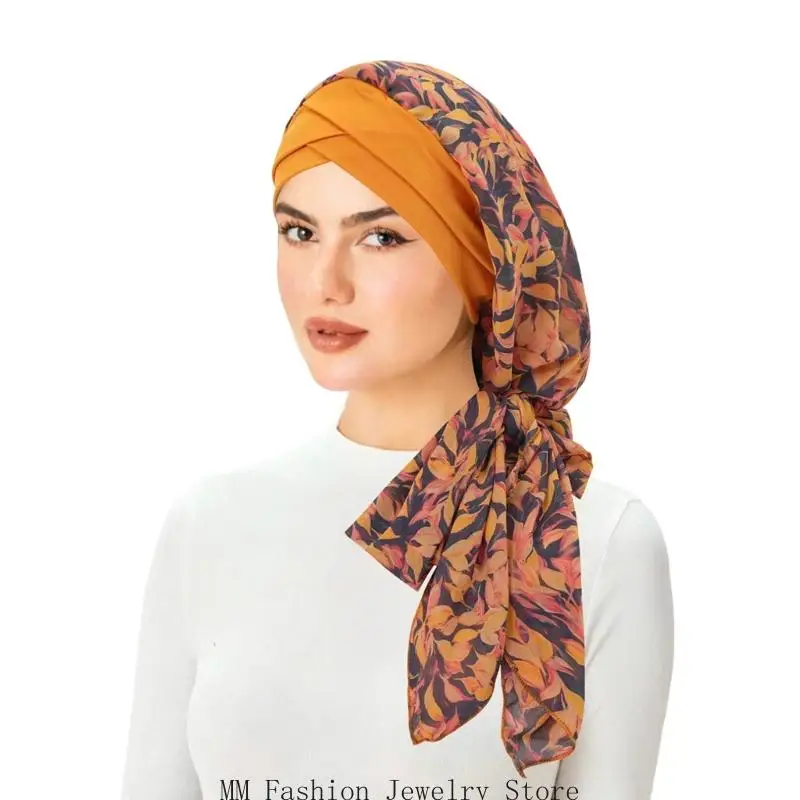 Lightweight Turban Headscarf Cap Breathable Printed Head Wrap with Twisted Front and Scarf Tail for Daily Travel D0UB