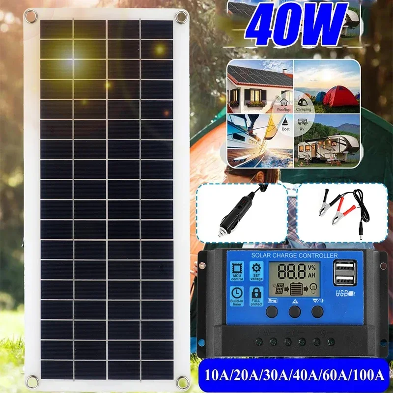 40W Solar Panel Dual USB Charge 5V with 10/20/30/40/50/60A Controller Waterproof For Outdoor Camping Boat Battery Charger