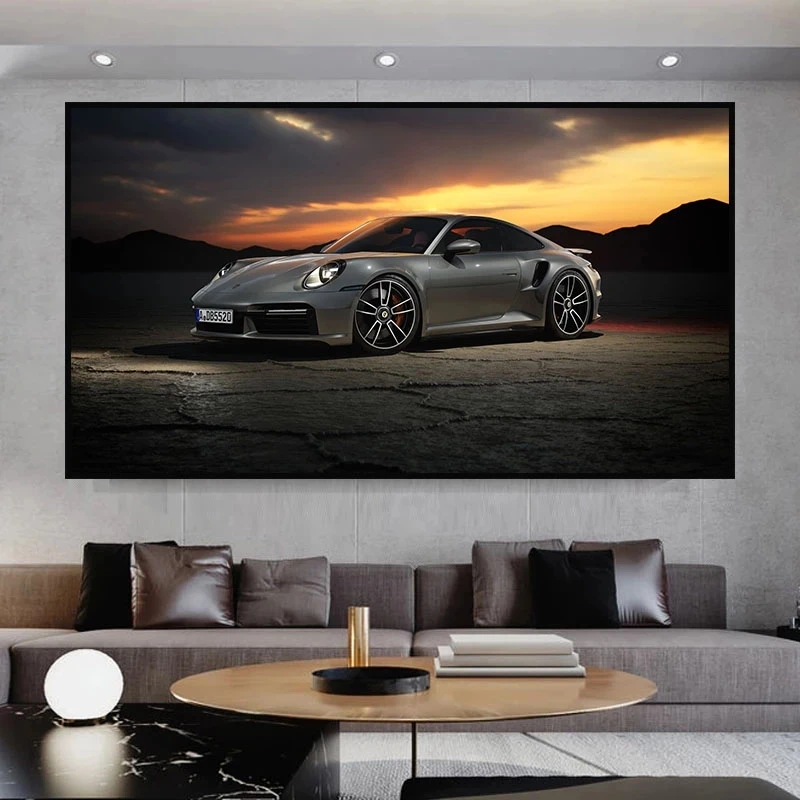 Sunset Silver Gray cool Car Poster Landscape Canvas Painting Wall Art Print Picture for LivingRoom Bedroom Modern Home Decor