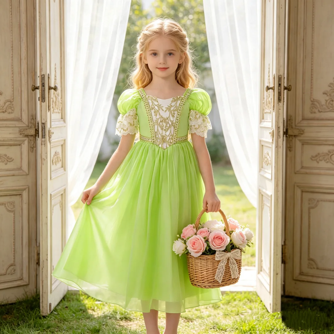 Mädchen Festkleid mit Stickerei Grünes Kleid im Muslimischen Stil mit Pailletten-Design