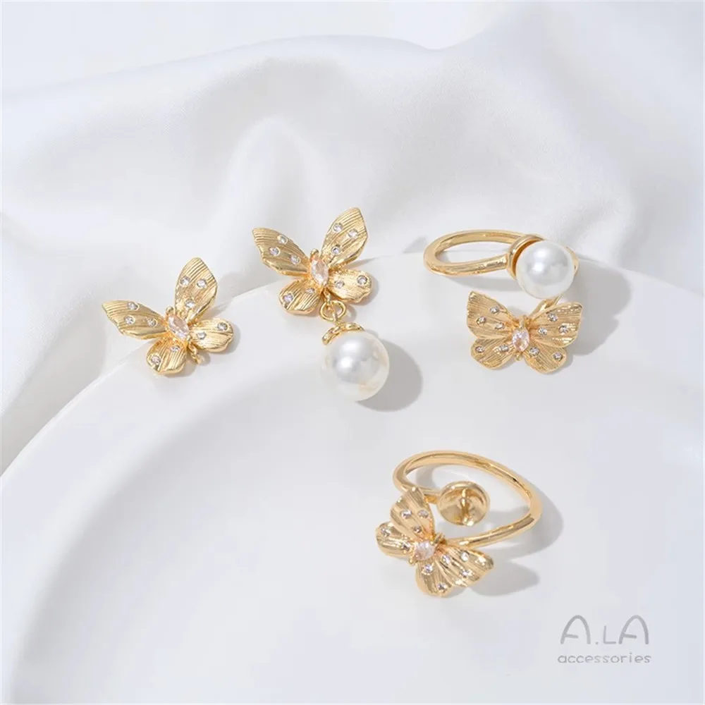 

14K Gold-plated and Zirconium-inlaid Butterfly Strap, Ear Stud Accessories, Pearl Ring Diy Handmade Earrings Material