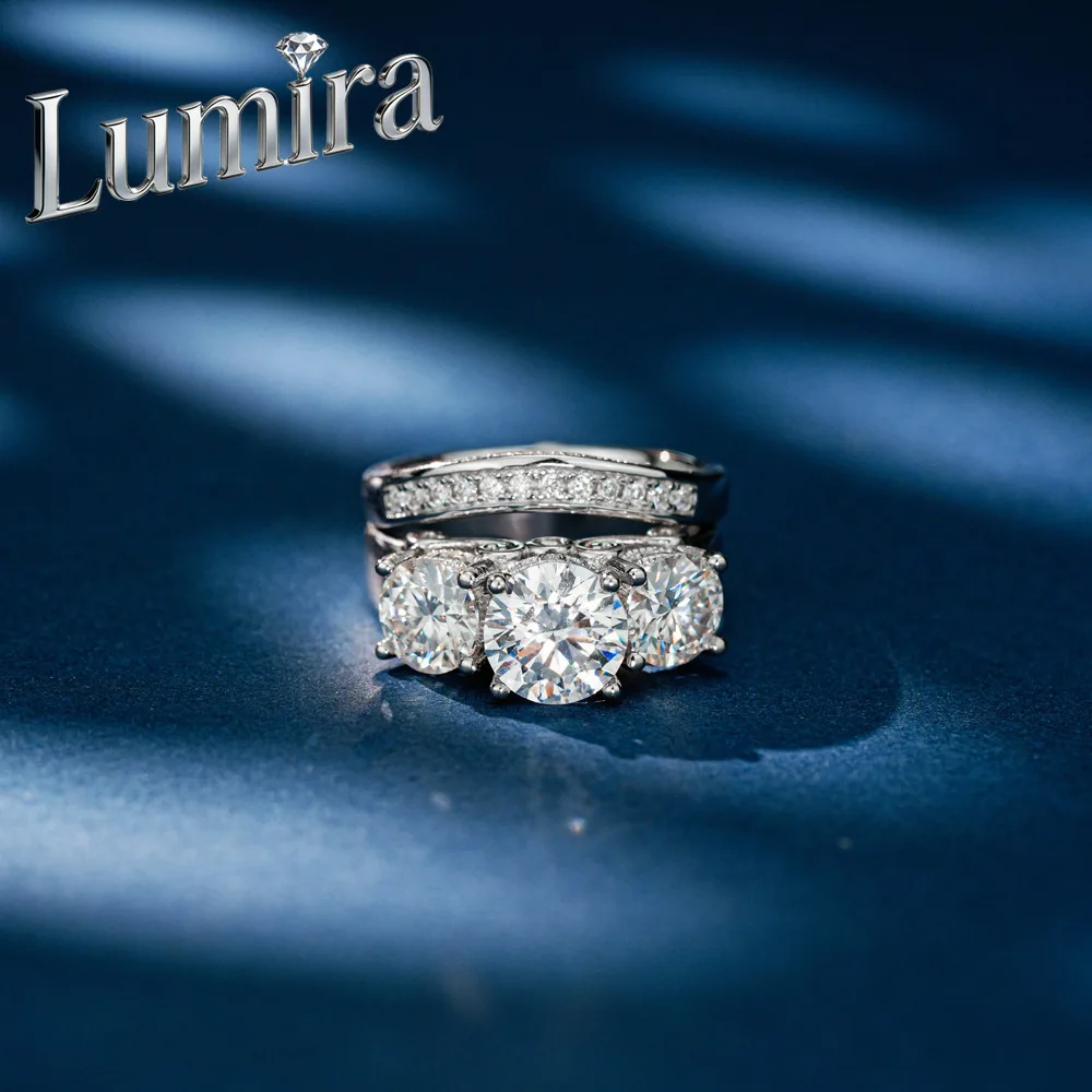 Lumira Platinum PT950 Gorgeous 4-carat Moissanite Ring for Women, Double-layer Diamond Setting Three-life Stone Engagement Ring