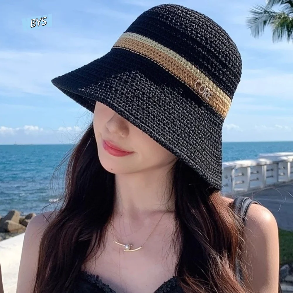 

Fashion Flat Brim Wide Brim Bucket Hat Breathable Casual Hollow Straw Cap UV Protection Contrast Stripes Sun Hat Outdoor