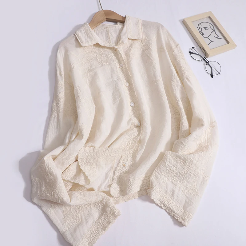 Women's Shirt Elegant Shirt with Embroidery Hooks Loose-fitting Vintage Long-sleeved Shirts