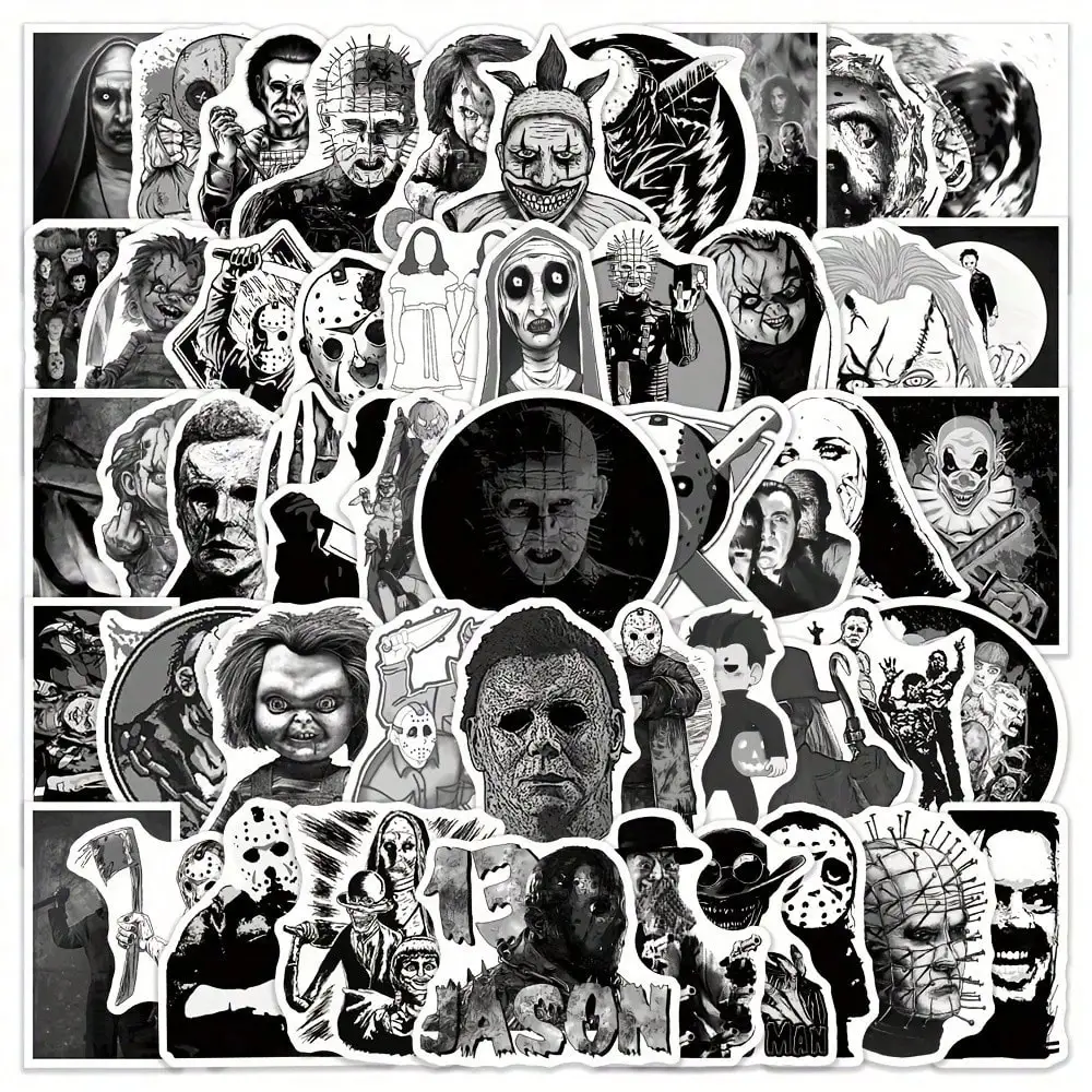 50 pegatinas de grafiti con temática de terror para personajes en blanco y negro - Vinilo impermeable para decorar botellas, portátiles, teléfonos celulares