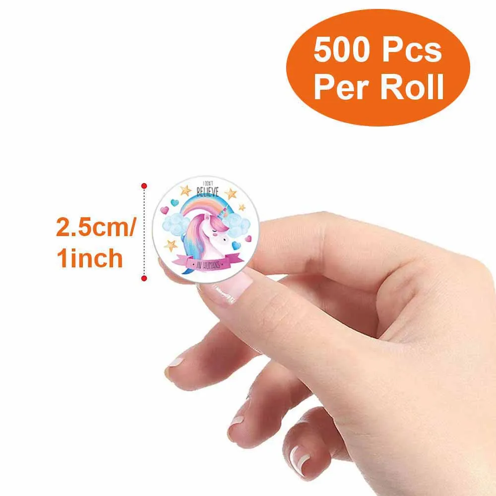 500Pcs/Roll Rainbow Unicorn Flying Horse Themed Stickers 2.5cm/1.0in Round Reward Sticker Gift Sealing Holiday Decorative Labels