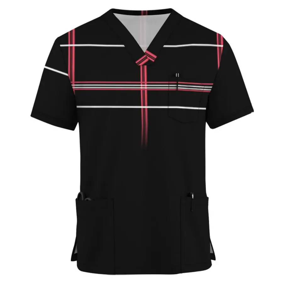 

Summer new men's retro solid color simple line side pocket design short sleeved V-neck workwear