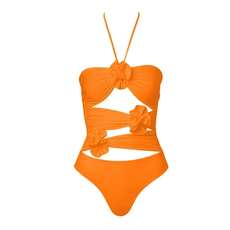 One Piece Swimsuit For Women European And American One-piece Swimsuit D Flower Decoration Hollow Neck Swimsuit And Wrap Skirt Su