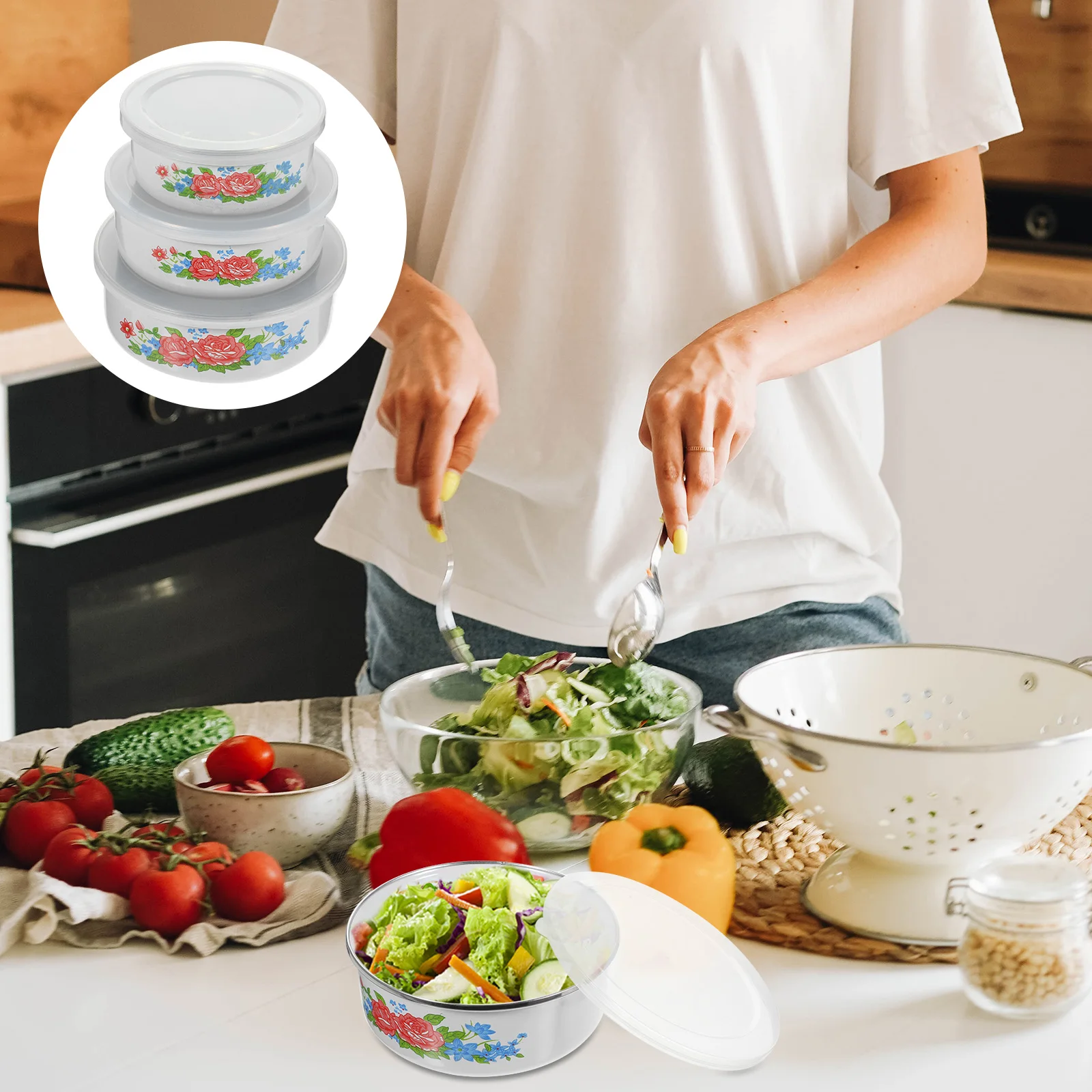 

3pcs Enamel Vintage Salad Bowls Noodle Storage Food Serving Bowl Office Worker Lunch Bowl Portable Bento Box Refrigerator
