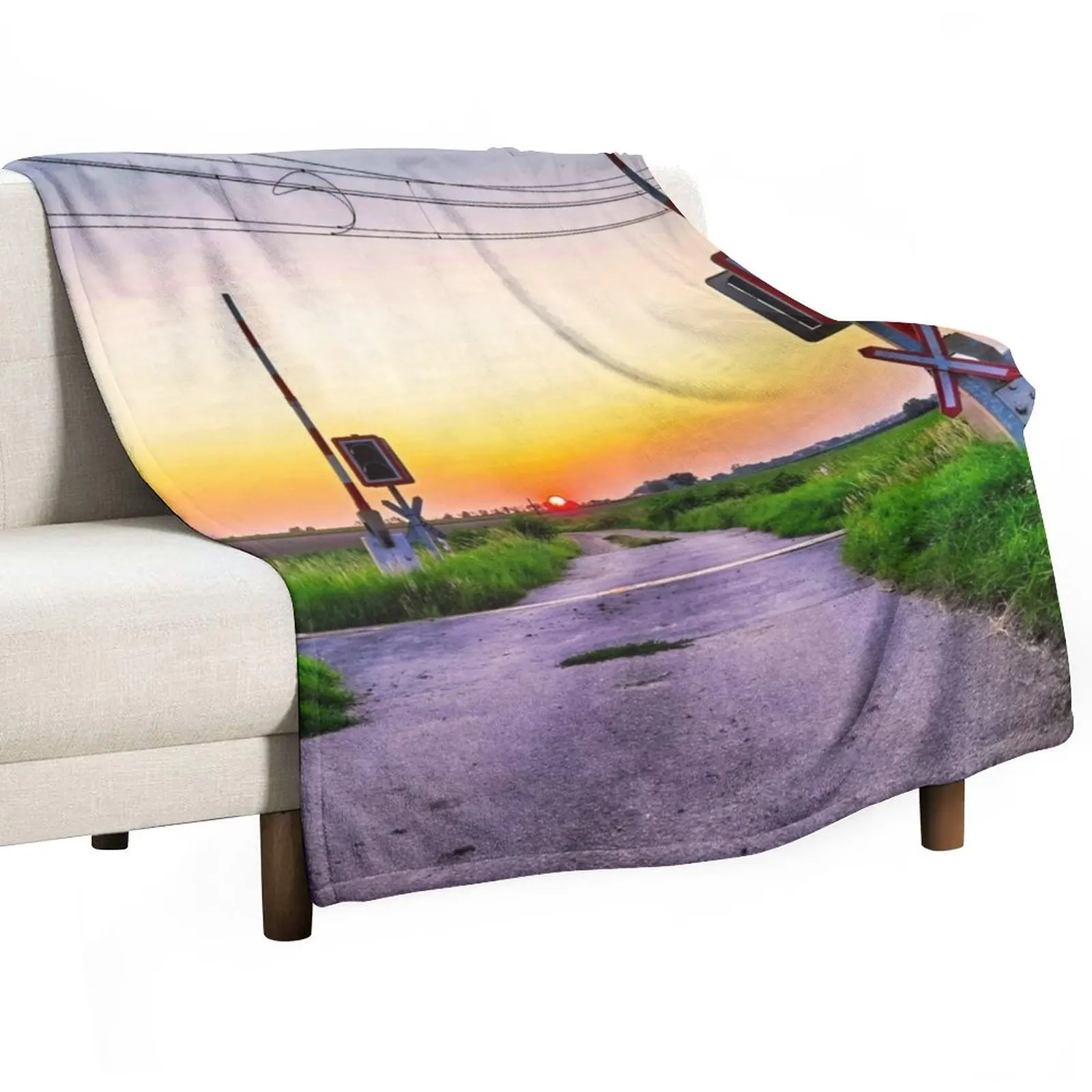 

Railroad crossing - with sunset behind Throw Blanket Designer Blankets Heavy Blanket