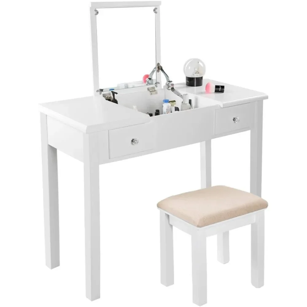 

Vanity Table with Flip Top Mirror Makeup Dressing Table Writing Desk with Cushioning Makeup Stool Set