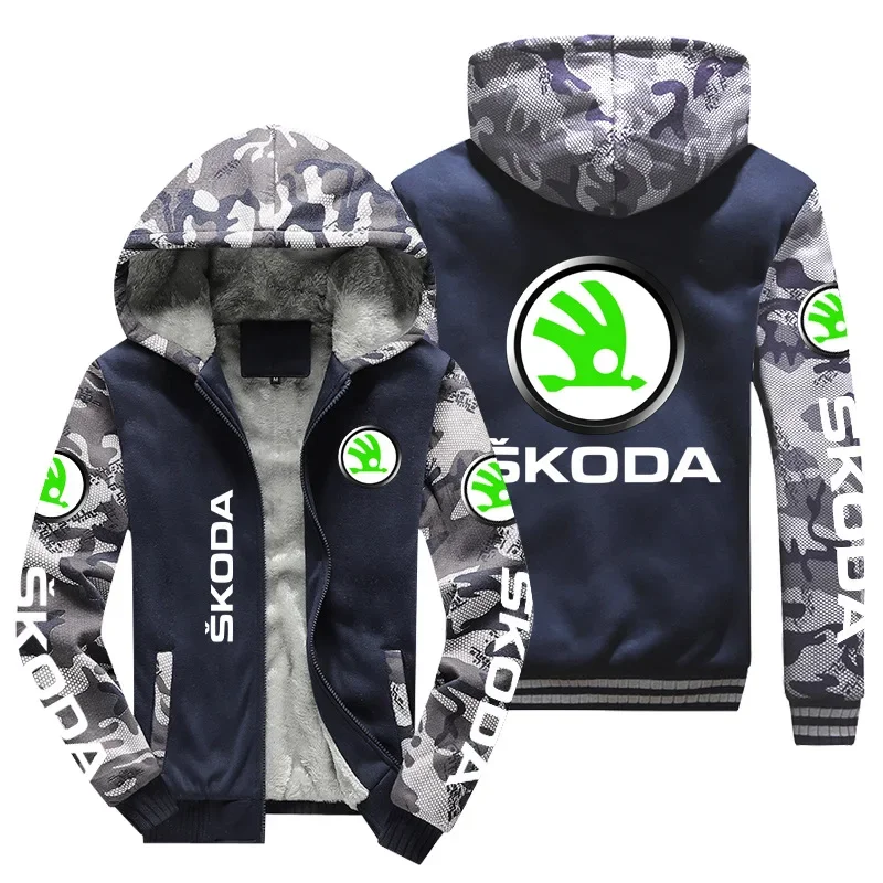 New Winter Men Fashion Skoda Logo High Quality Long Sleeve Jacket Casual Hoodies Zipper Wool Liner Fleece Sweatshirts Male Coat