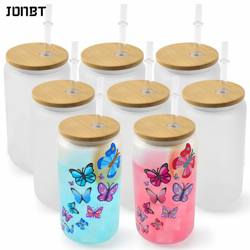 4PCS 16Oz Frosted Straw Water Bottle with Bamboo Lid Iced Coffee Cup for Cold Drink Tea Beverages DIY Gifts Reusable Drinkware