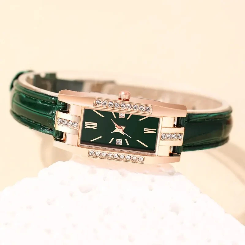 Womens Watches Fashion Square Ladies Quartz Watch Bracelet Set Green Dial Simple Leather Luxury Women Watches