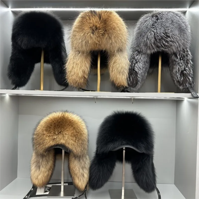 

New 100% genuine fox fur ear-protecting hat Men real raccoon fur bomber hat Women winter warm fur real sheep leather snow hat