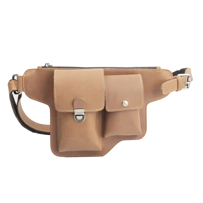 Leather men's bag, men's waist bag, crossbody bag, retro handmade fringed top-grain cowhide mobile phone bag