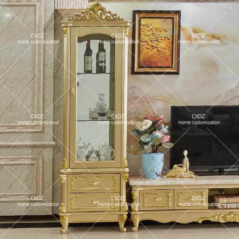 European solid wood double door single door champagne gold wine cabinet living room wall cabinet household glass high cabinet