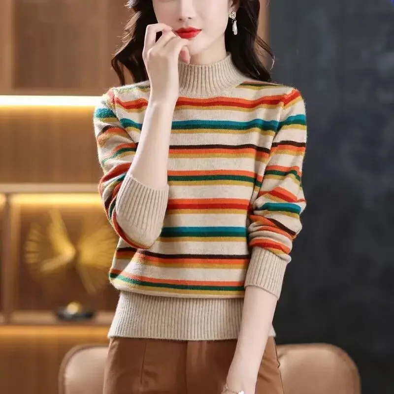 Lion Mountain Rainbow Winter Women's New Half High Collar Long Sleeve Striped Sweater Colored and Velvet Fit Comfortable Top B18