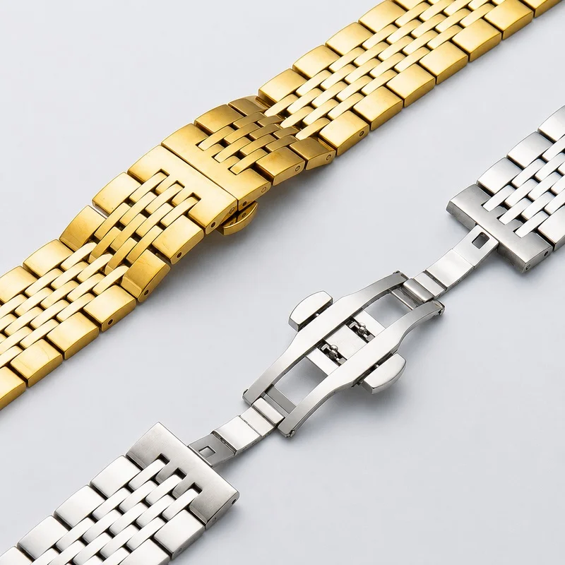 Applicable to Huawei GT5, Samsung S1, Apple Watch 10, and a seven-bead stainless steel watch with a butterfly clasp.