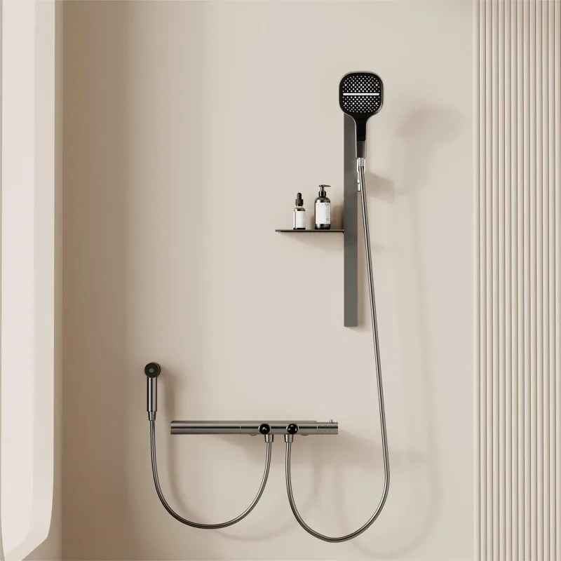 

White Bathtub Shower Set Wall Mounted Gray Bathtub Faucet Thermostatic White Bath and Shower Mixer Taps Brass