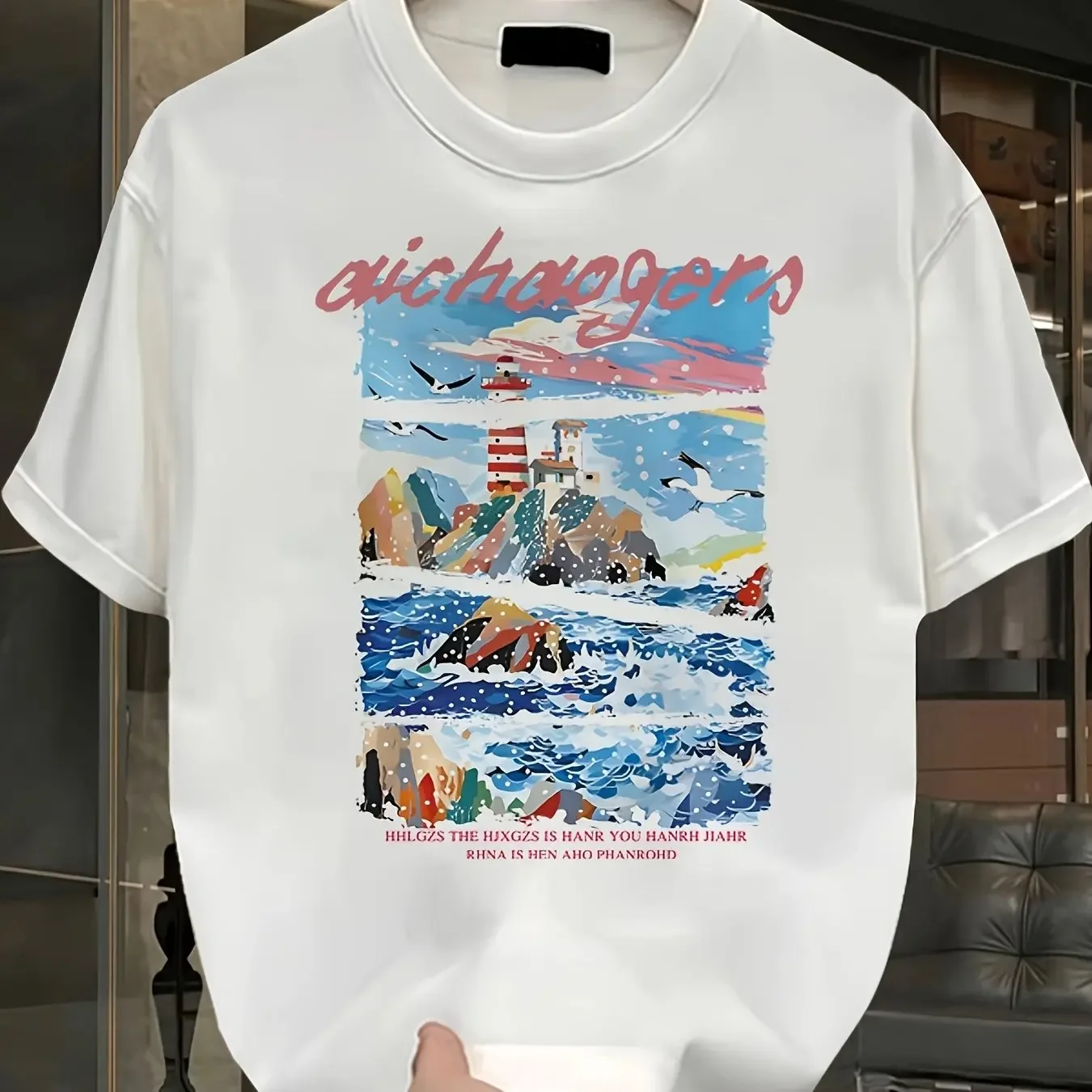 Fashion Scenery Script Letter Logo O‑neck T‑shirt Summer Loose‑fitting Unisex Basic White Tops
