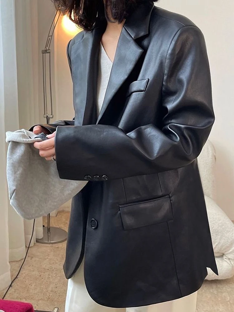 High Street Vintage Faux Leather Jacket Women Casual Loose Moto Biker Coat Female Single Breasted Blazers Korean Fashion Outwear