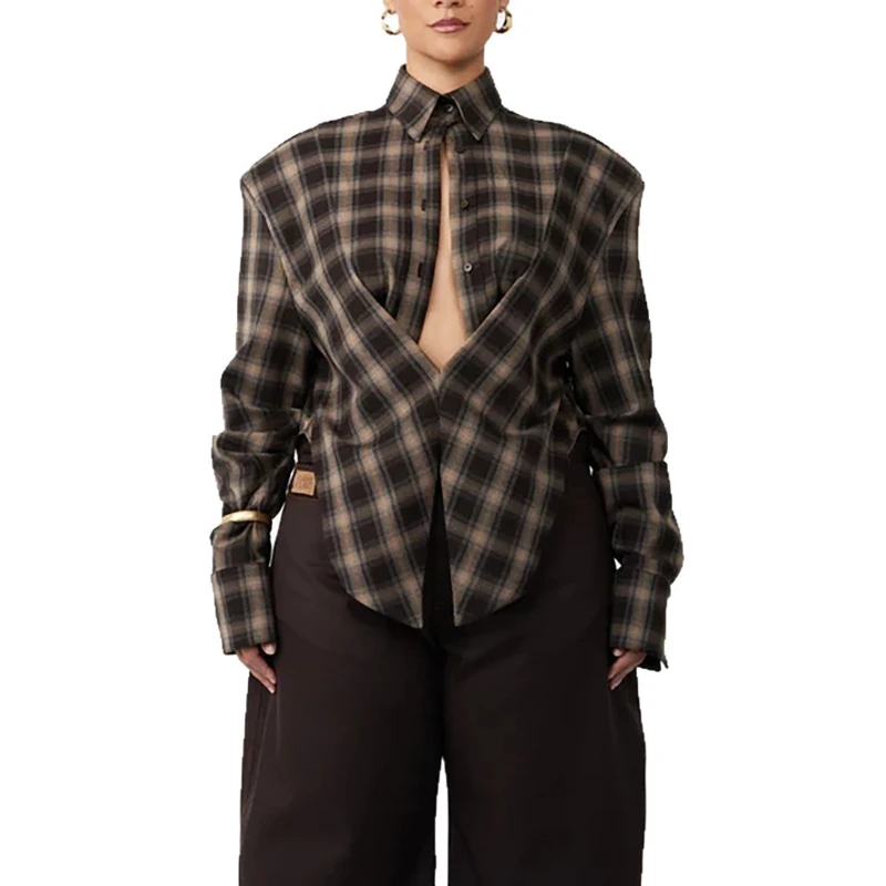 2025 Autumn and Winter Hot Selling Slim Fit Personalized Waist Design Retro Plaid Shirt for Women