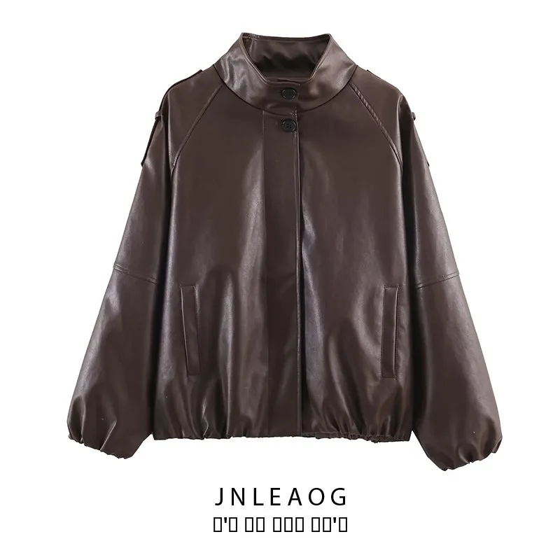 ファイオナブル 多用途 スタンドカラー ジャケット アウター レディース 秋新作 スレ PUレザー ジャケット 638025 by JNLEAOG