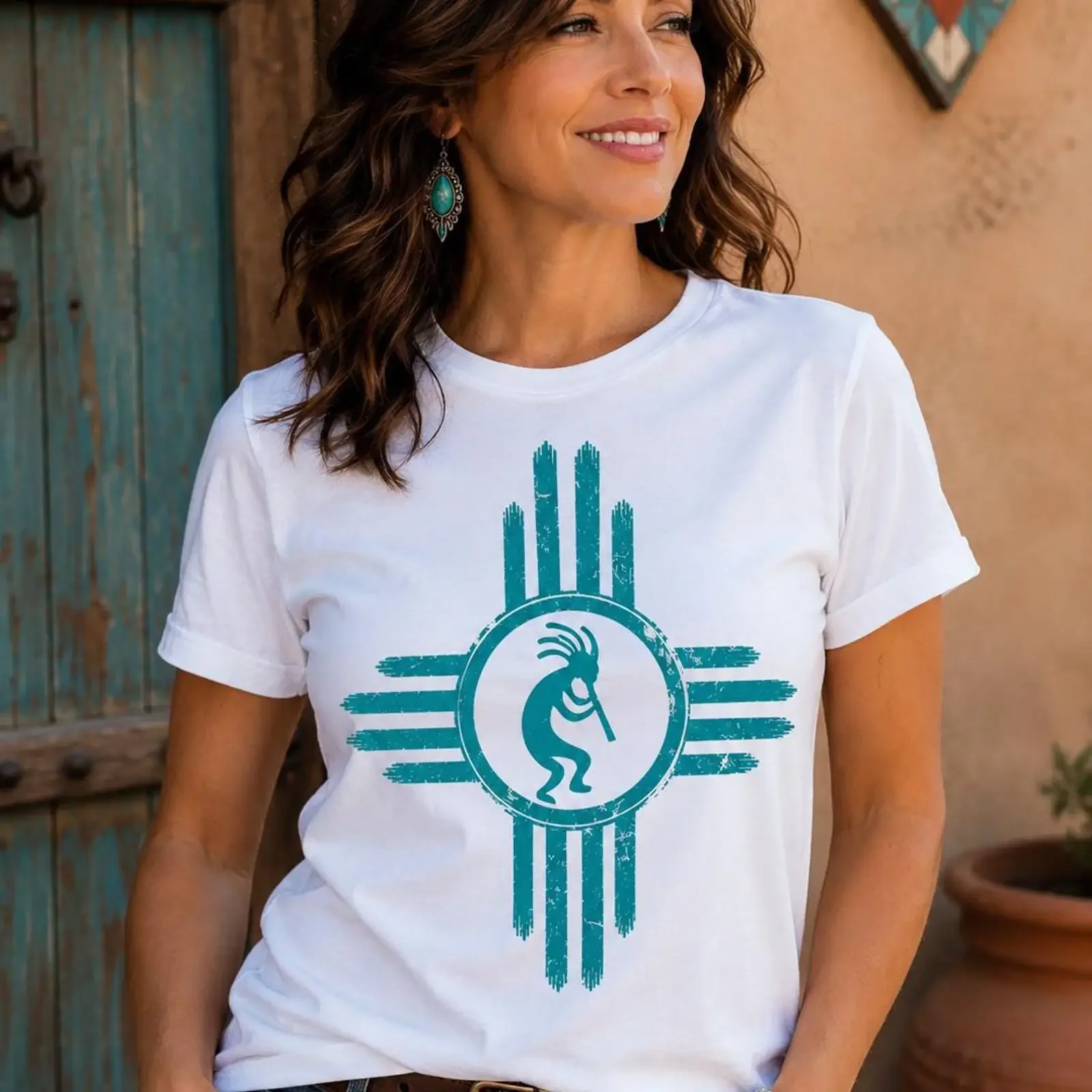 Kokopelli Zia Symbol T Shirt Southwestern Native Motif vintage Washed Stylish fashion Unisex Versatile Comfortable graphic Soft