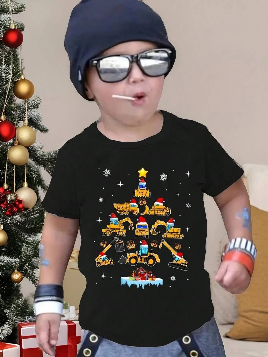 Novas camisetas para meninos, camisetas coloridas estampadas de Natal para crianças de primavera e outono, camisas de base para bebês, camisetas de manga curta