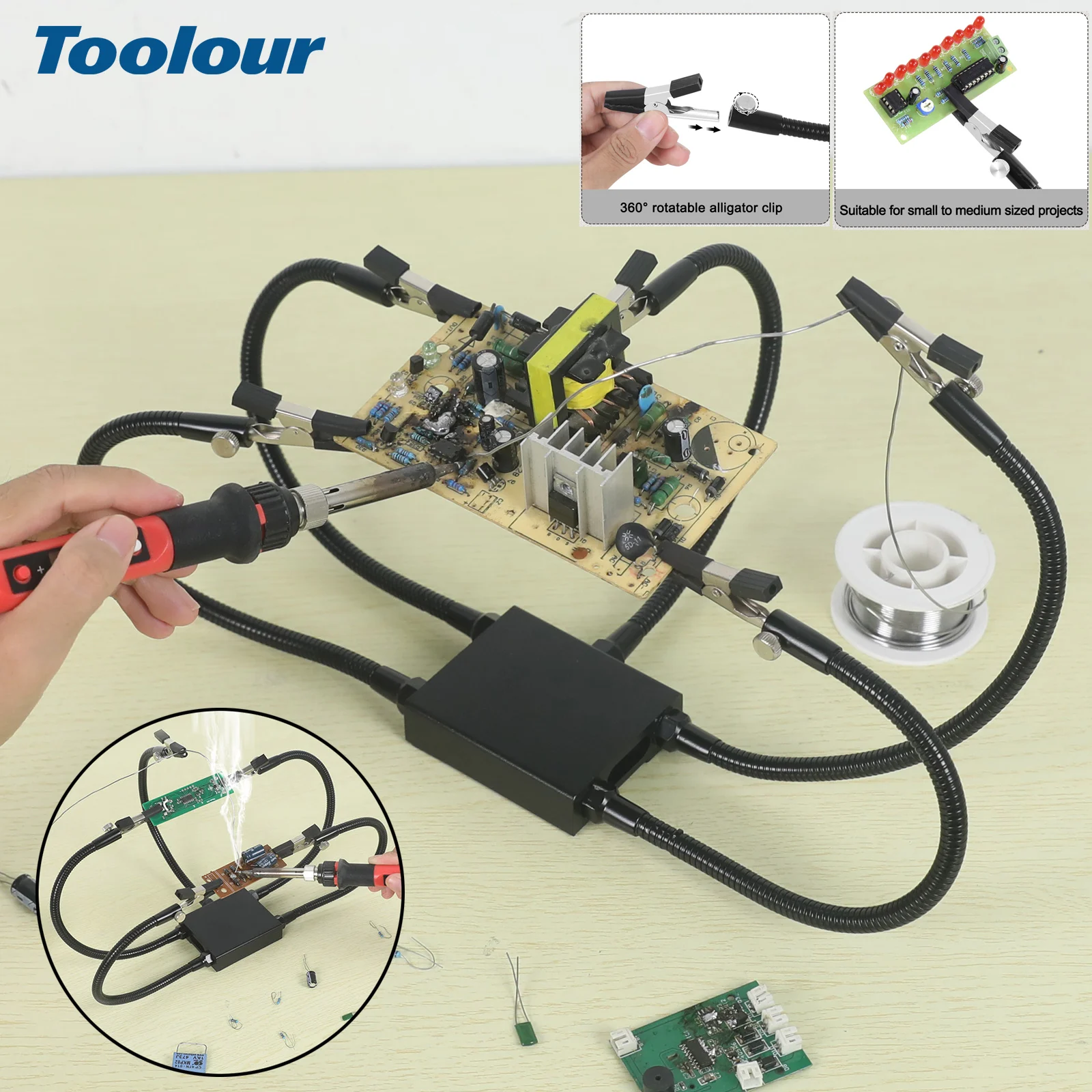 Toolour Soldering Helping Hands Third Hand Soldering Tool PCB Holder 5 Metal Flexible Arms Crafts Hobby Workshop Helping Station