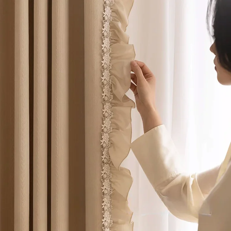 Custom Size French Jacquard Thickened Beige Lace Luxury Curtains for Living Room Bedroom Dining Blackout Window Decor Elegant