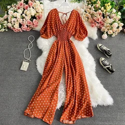 Autumn Sexy Polka Dot Romper Women Elegant V-Neck Puff Short Sleeve High Waist Jumpsuit Female Loose Wide Leg Playsuits Fashion